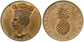 Barbados
Britisch, bis 1966
1/2 Penny Token 1788. Schmale Ananas. fast Stempelglanz, schöne Kupfertönung, sehr selten