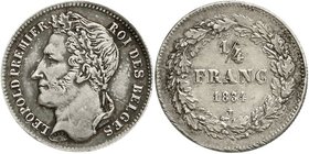 Belgien
Leopold I., 1830-1865
1/4 Franc 1834 mit Signatur. vorzüglich/Stempelglanz, kl. Stempelriss