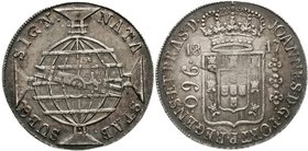 Brasilien
Johannes, Prinzregent, 1799-1818
960 Reis 1817. Mzz. durch Überprägung unleserlich. Überprägt auf mexikan. 8 Reales (Wappen noch gut erken...