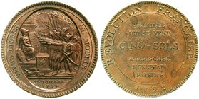 Frankreich
Ludwig XVI., 1774-1793
5 Sols Monneron An 4 = 1792. vorzüglich/Stempelglanz, Prachtexemplar, kl. Kratzer