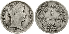 Frankreich
Napoleon I., 1804-1814, 1815
5 Francs 1808 A, Paris. schön/sehr schön, winz. Randfehler