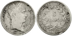 Frankreich
Napoleon I., 1804-1814, 1815
5 Francs 1808 A, Paris. schön, Randfehler