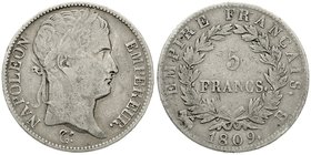 Frankreich
Napoleon I., 1804-1814, 1815
5 Francs 1809 B, Rouen. schön/sehr schön, kl. Kratzer, kl. Randfehler
