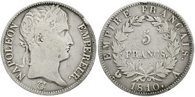 Frankreich
Napoleon I., 1804-1814, 1815
5 Francs 1810 A, Paris. schön/sehr schön, winz. Randfehler
