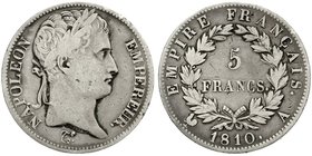 Frankreich
Napoleon I., 1804-1814, 1815
5 Francs 1810 A, Paris. schön/sehr schön, winz. Randfehler