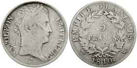 Frankreich
Napoleon I., 1804-1814, 1815
5 Francs 1810 W, Lille. schön/sehr schön, winz. Randfehler