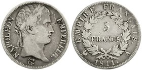 Frankreich
Napoleon I., 1804-1814, 1815
5 Francs 1811 A, Paris. schön/sehr schön, winz. Randfehler