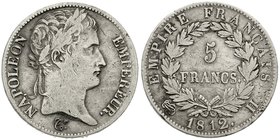 Frankreich
Napoleon I., 1804-1814, 1815
5 Francs 1812 H, La Rochelle. schön/sehr schön, Randfehler