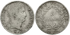 Frankreich
Napoleon I., 1804-1814, 1815
5 Francs 1812 W, Lille. schön/sehr schön, Randfehler, Kratzer