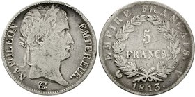 Frankreich
Napoleon I., 1804-1814, 1815
5 Francs 1813 A, Paris. schön/sehr schön, Randfehler