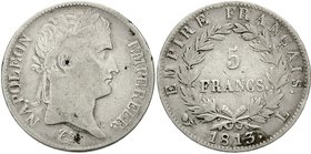 Frankreich
Napoleon I., 1804-1814, 1815
5 Francs 1813 L, Bayonne. schön/sehr schön, Randfehler
