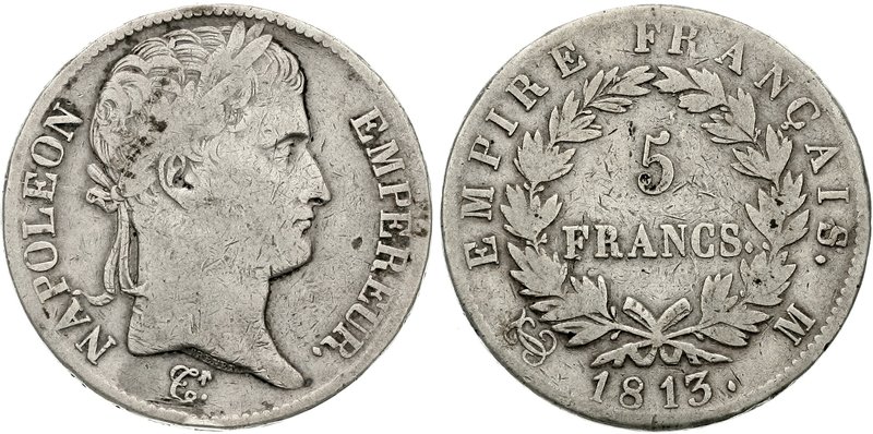 Frankreich
Napoleon I., 1804-1814, 1815
5 Francs 1813 M, Toulouse. schön, Rand...