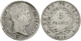 Frankreich
Napoleon I., 1804-1814, 1815
5 Francs 1814 A, Paris. schön/sehr schön, Randfehler