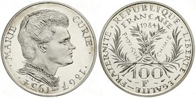 Frankreich
Fünfte Republik, seit 1958
100 Francs Silber 1984. 50. Todestag von Marie Sklodowska Curie. 15 g. 999/1000. Im Etui mit Zertifikat Nr. 36...