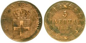 Griechenland
Otto von Bayern, 1832-1862
5 Lepta 1841. vorzüglich/Stempelglanz, winz. Korrosionsstellen