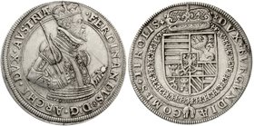 Haus Habsburg
Erzherzog Ferdinand II., 1564-1595
Reichstaler o.J. Hall, Zepter zeigt auf R und Ellbogen zwischen I und D. sehr schön