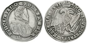 Haus Habsburg
Rudolf II., 1576-1612
Reichstaler 1591, Kuttenberg. sehr schön, Randfehler, Henkelspur, Felder geglättet