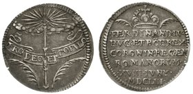 Haus Habsburg
Ferdinand IV., 1647-1653
Silberabschlag zum Dukaten 1653 auf seine Krönung zum römischen König in Regensburg. 24 mm; 2,6 g. sehr schön...