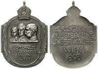 Haus Habsburg
Franz Joseph I., 1848-1916
Silberplakette 1908, v. Breithut, auf die Huldigungs Ausstellung " Unser Kaiser ". Krone über Büsten des Ka...