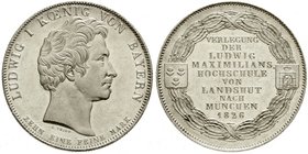 Bayern
Ludwig I., 1825-1848
Geschichtstaler 1826. Verlegung der Ludwig Maximilians Hochschule von Landshut nach München. Stempelglanz, Prachtexempla...