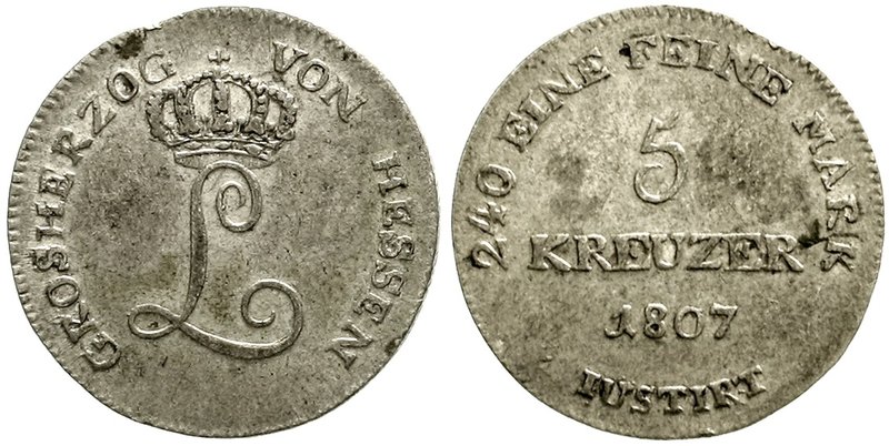 Hessen-Darmstadt
Ludwig I., 1806-1830
5 Kreuzer 1807. sehr schön, kl. Randfehl...