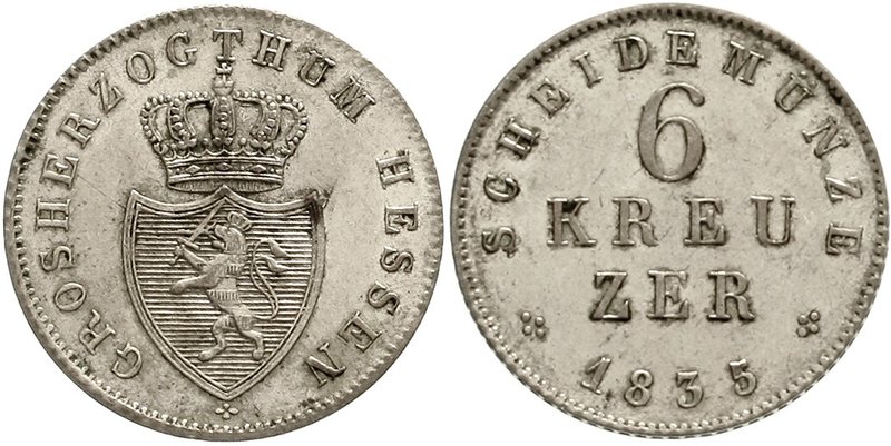 Hessen-Darmstadt
Ludwig II., 1830-1848
6 Kreuzer 1835. vorzüglich/Stempelglanz...