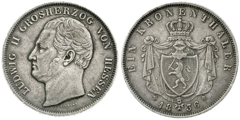 Hessen-Darmstadt
Ludwig II., 1830-1848
Kronentaler 1836 HR. sehr schön, winz. ...