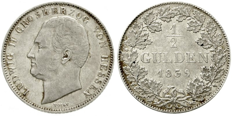 Hessen-Darmstadt
Ludwig II., 1830-1848
1/2 Gulden 1839. vorzüglich, winz. Rand...