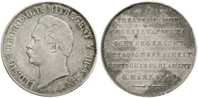Hessen-Darmstadt
Ludwig III., 1848-1877
Pressefreiheitsgulden 1848. vorzüglich, winz Randfehler, Patina