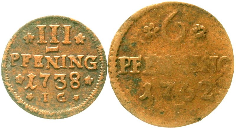 Mecklenburg-Wismar, Stadt
Lots
2 Kupfermünzen: 3 Pfennig 1738 und 6 Pfennig 17...