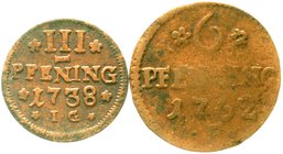 Mecklenburg-Wismar, Stadt
Lots
2 Kupfermünzen: 3 Pfennig 1738 und 6 Pfennig 1762. sehr schön und schön