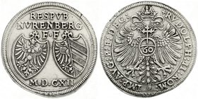 Nürnberg-Stadt
Reichsguldiner 1612. Reichsadler, Reichsapfel mit 60 / 2 Wappen über freistehender Jahreszahl. Titel Rudolph II. gutes sehr schön, Sch...