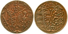 Sachsen-Albertinische Linie
Johann Georg II., 1656-1680
Kupfer Rechenpfennig 1677. Monogramm des kurfürstlichen Paares über Wappen von Sachsen und B...