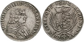 Sachsen-Albertinische Linie
Johann Georg III., 1680-1691
2/3 Taler 1682 CF Dresden. 15,49 g. gutes sehr schön, schöne Patina, winz. Henkelspur