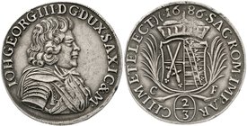 Sachsen-Albertinische Linie
Johann Georg III., 1680-1691
2/3 Taler 1686 CF Dresden. 15,44 g. gutes sehr schön, winz. Randfehler, winz. Schrötlingsfe...