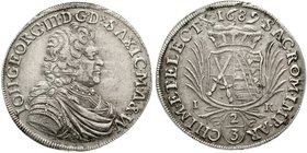 Sachsen-Albertinische Linie
Johann Georg III., 1680-1691
2/3 Taler 1689 IK Dresden. 15,5 g. sehr schön, Randfehler, Schrötlingsfehler