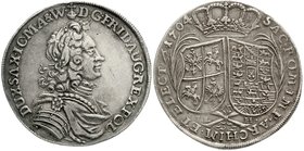 Sachsen-Albertinische Linie
Friedrich August I., 1694-1733
Reichstaler 1704 IL-H Dresden. 28,92 g. sehr schön, Rand min. bearbeitet