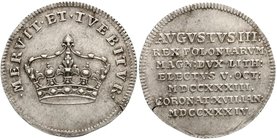 Sachsen-Albertinische Linie
Friedrich August II., 1733-1763
Silberabschlag v. Doppeldukat ( 1/6 Taler) 1734 auf seine Krönung zum König von Polen. 3...
