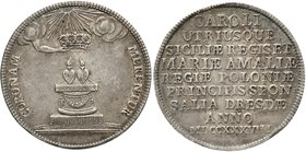 Sachsen-Albertinische Linie
Friedrich August II., 1733-1763
Gulden 1738 auf die Vermählung von Maria Amalia. Altar mit zwei Herzen, darüber Krone, 1...