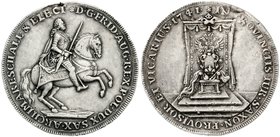 Sachsen-Albertinische Linie
Friedrich August II., 1733-1763
Vikariatstaler 1741 Dresden. Der König zu Pferd/Thron. 25,92 g. sehr schön, Henkelspur, ...