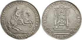 Sachsen-Albertinische Linie
Friedrich August II., 1733-1763
Vikariatsgulden 1741. Der König zu Pferd/Thron, 13,64 g. sehr schön, winz. Randfehler