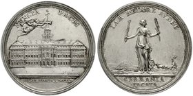 Sachsen-Albertinische Linie
Friedrich August II., 1733-1763
Silbermedaille 1763, von Oexlein auf den Hubertusburger Frieden. Fama über Schloß Hubert...
