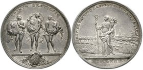 Sachsen-Albertinische Linie
Xaver, 1762-1768
Silbermedaille 1764 v. Oexlein, auf Sachsens Wohlstand. Stehende Ceres vor Landschaft/ Drei Grazien mit...
