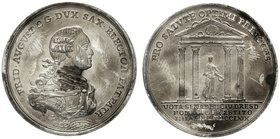 Sachsen-Albertinische Linie
Friedrich August III. 1763-1806
Silbermedaille im Halbtalergewicht 1769 v. Pribus. Huldigung zu Dresden nach seiner Gene...