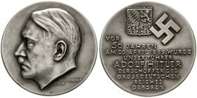 Drittes Reich
Silbermedaille 1939 signiert Krischker, auf den 50 Geburtstag Adolf Hitlers, Randpunze " 835 PR MÜNZE BERLIN", Büste Hitlers/ Hakenkreu...
