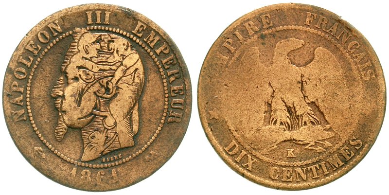 Erotik
Frankreich
10 Centimes 1861 K, Bordeaux. Auf dem Kopf erotische Gravur....
