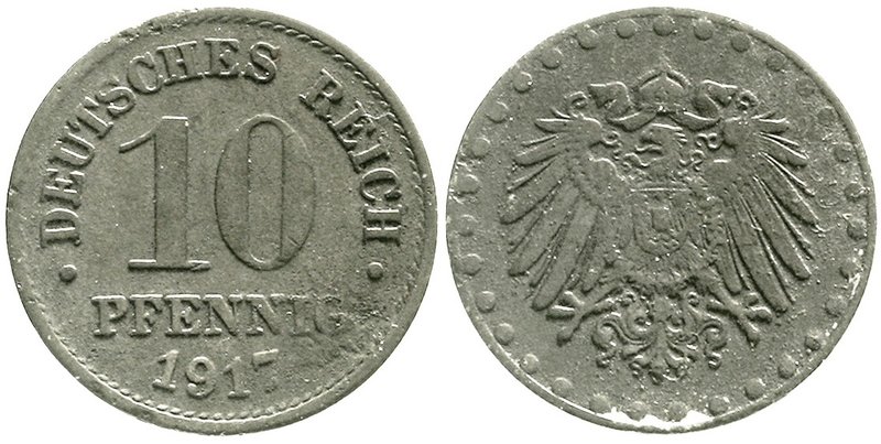 10 Pfennig, Zink 1917
1917 mit Perlkreis. fast sehr schön, Randfehler