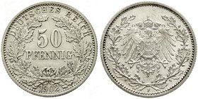 50 Pfennig gr. Adler Eichenzweige Silb. 1896-1903
1902 F. fast Stempelglanz, selten in dieser Erhaltung