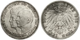 Anhalt
Friedrich II., 1904-1918
3 Mark 1914 A. Silberne Hochzeit, mit interessantem Prägefehler oder Abdruck einer anderen Münze in Form einer Eiche...