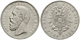 Baden
Friedrich I., 1856-1907
5 Mark 1888 G. A ohne Querstrich. fast sehr schön, kl. Randfehler